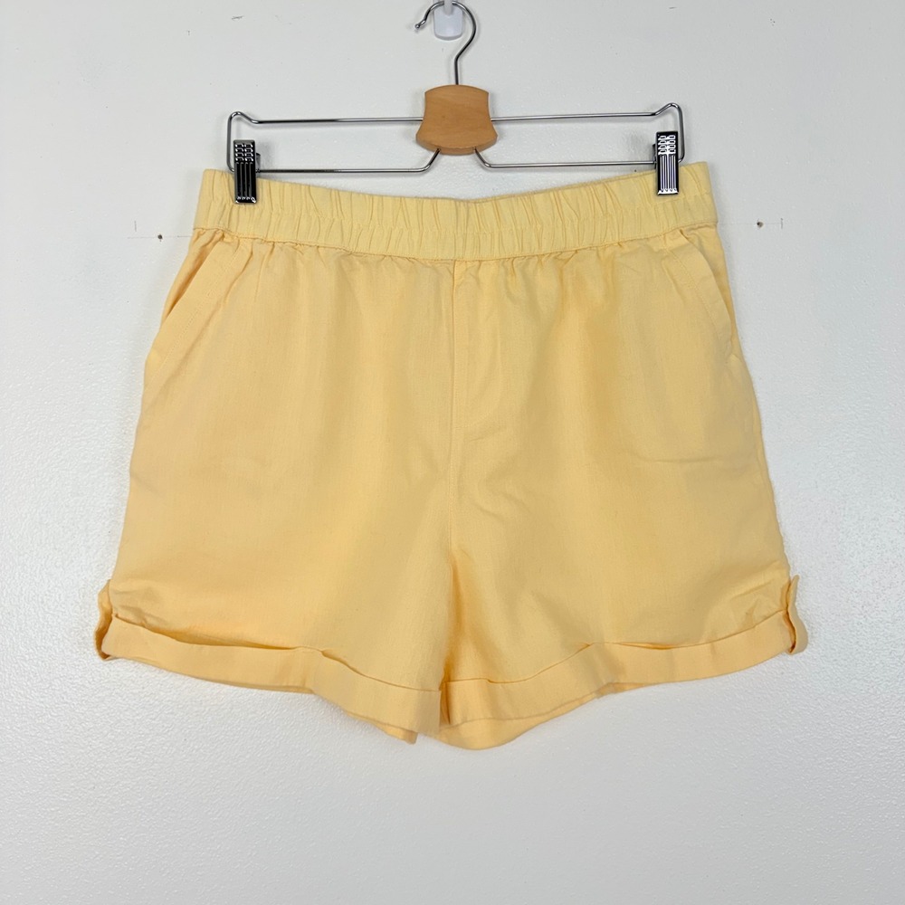 Pact Organic Cotton Linen Blend Shorts Womens L Yellow Elastic Waist Cuffed